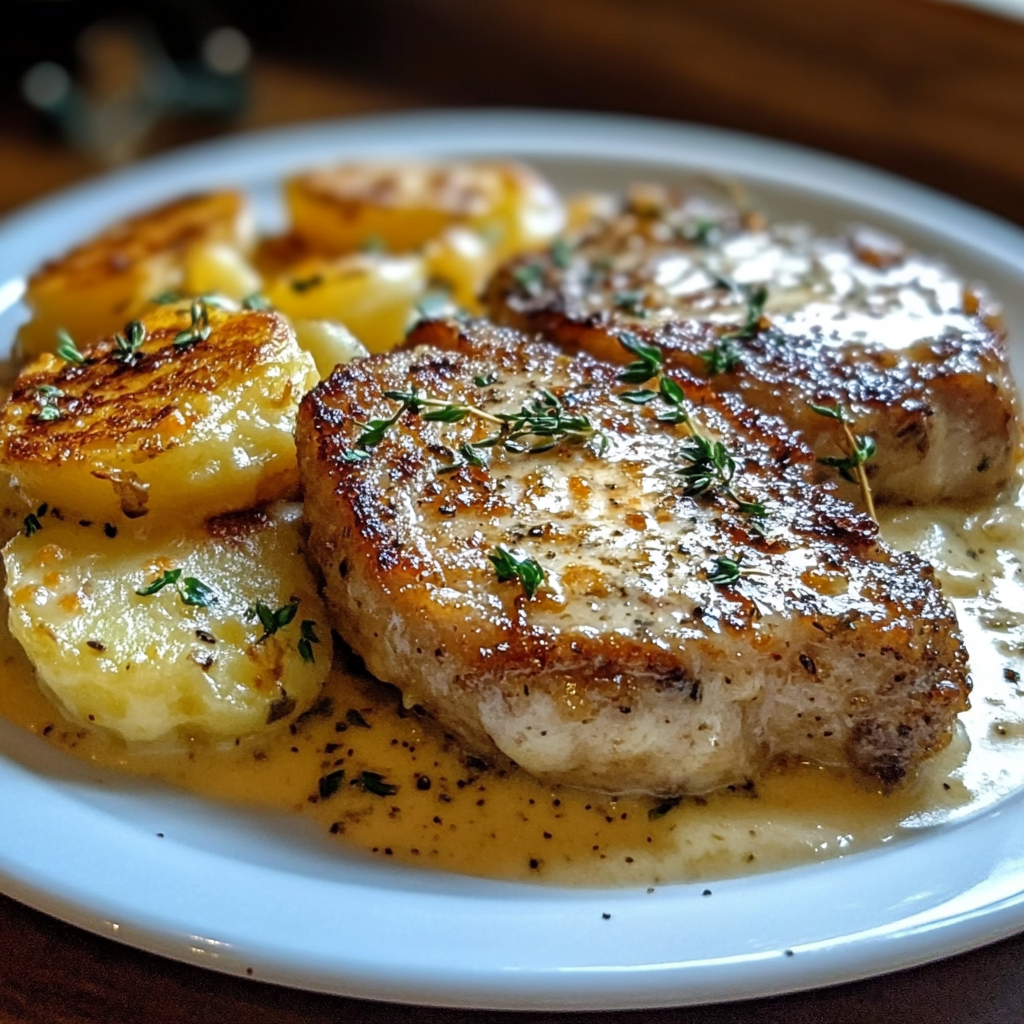 Garlic Parmesan Pork Chops with Cheesy Scalloped Potatoes